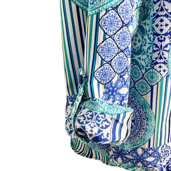 Kim Rogers Blouse Top Button Down Roll Tab Sleeves Blue Aqua Yellow White XL - Picture 3 of 6